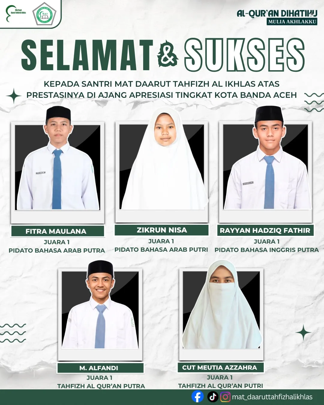 Sukses Boyong Juara 1 APRESIASI, 5 Santri Global Studies MDTI Melaju ke Tingkat Provinsi Aceh
